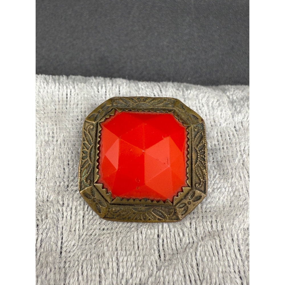 Vintage Czech Glass Brooch‎ Red Gold Tone